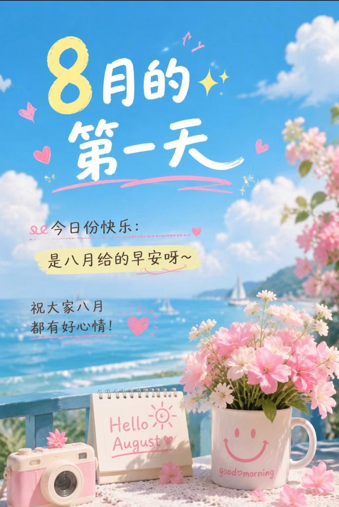 早安 早安。八月晨光抵达，一切皆可重新开始。接纳所有不完美，持续向阳生长。不慌不