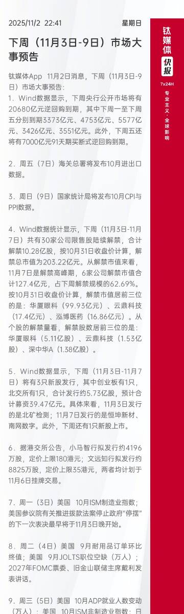 【本周市场大事预告】 <br />钛媒体App 11月2日消息，本周...