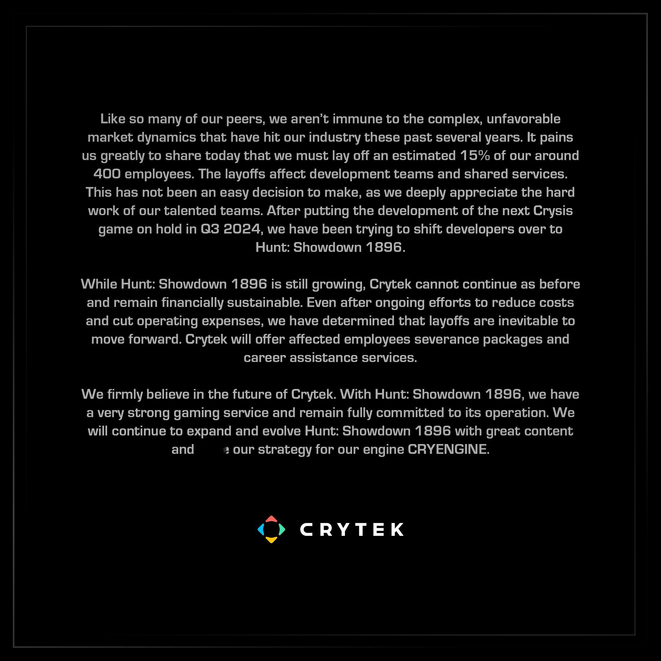 Crytek 宣布裁员15%（约60人）以维持财务的可持续性，《孤岛危机4》的开