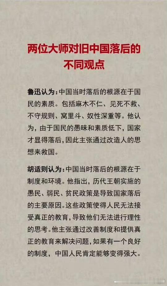 如果说胡适开出的是“药方”（制度改良），鲁迅则先指出了“病灶”（精神麻木）。在一