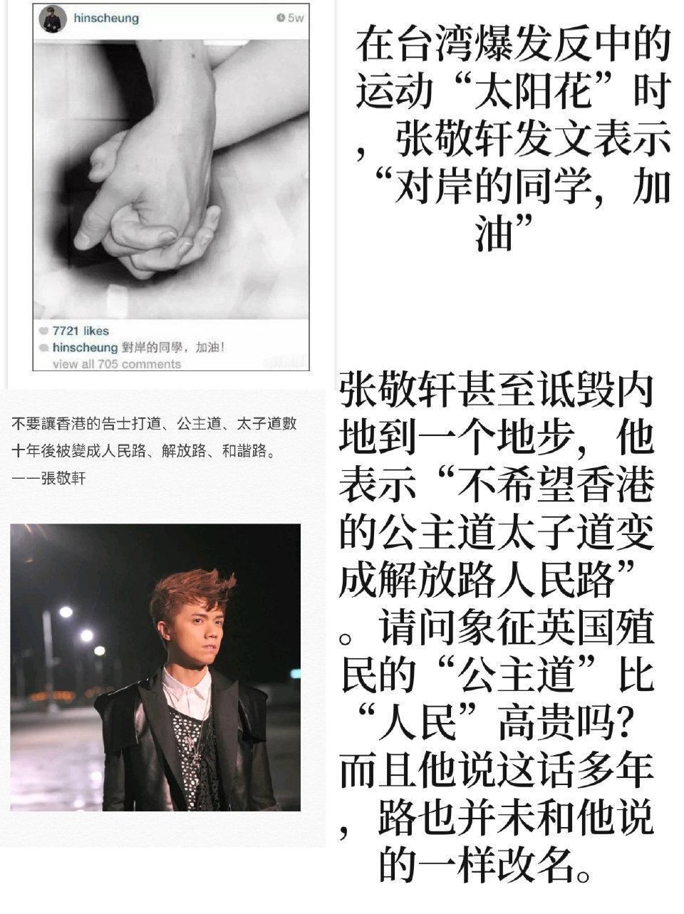 出生于广州、后来去香港发展的张敬轩曾经几次表示，

不希望香港的“太子道、公主道