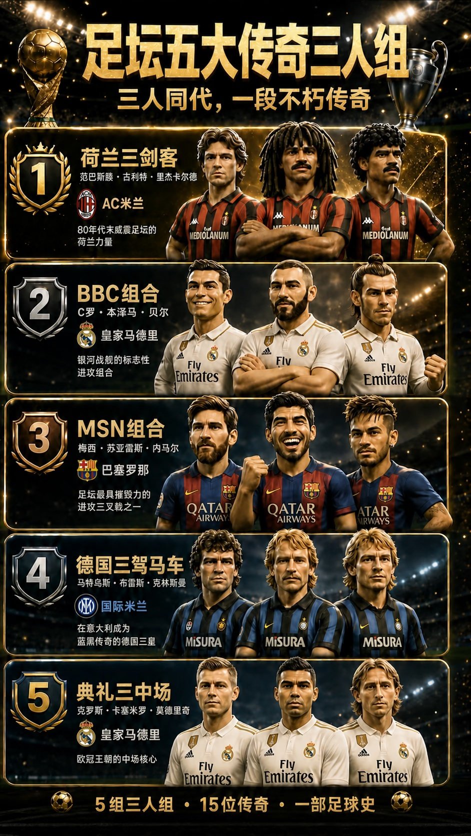 三个人，一个时代，一段难以复制的足球记忆。从AC米兰的荷兰三剑客，到皇马BBC、
