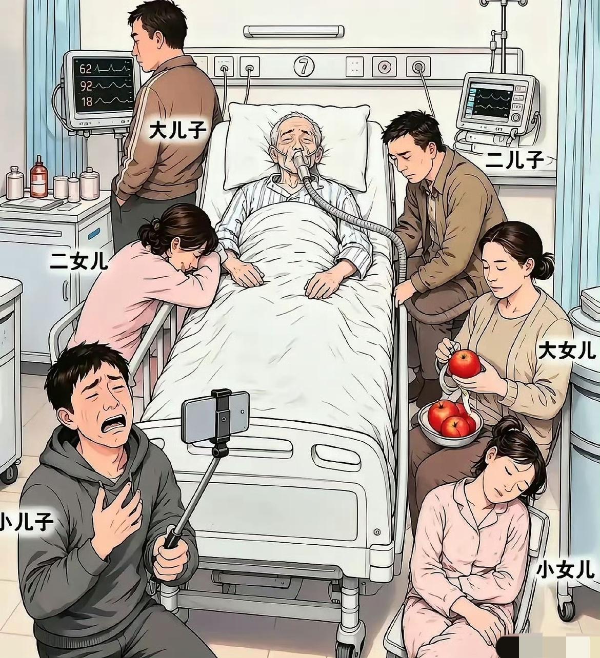 病床前一幕火了！孝心一上镜头，味道全变了

老爷子躺在病床上靠着呼吸机，几个儿女