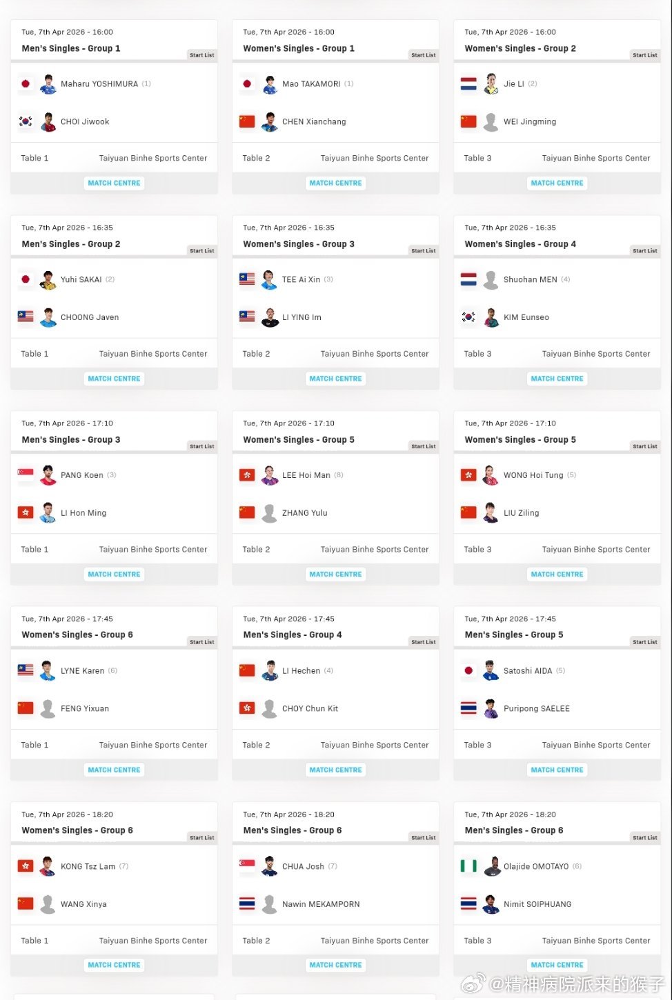 2026WTT太原常规挑战赛第一比赛日赛程：4月7日 单打小组赛11:00 女单