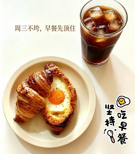 365天早餐不重样 周三驼峰日必须靠美味早餐回血！推荐松软牛角包配溏心煎蛋，再来