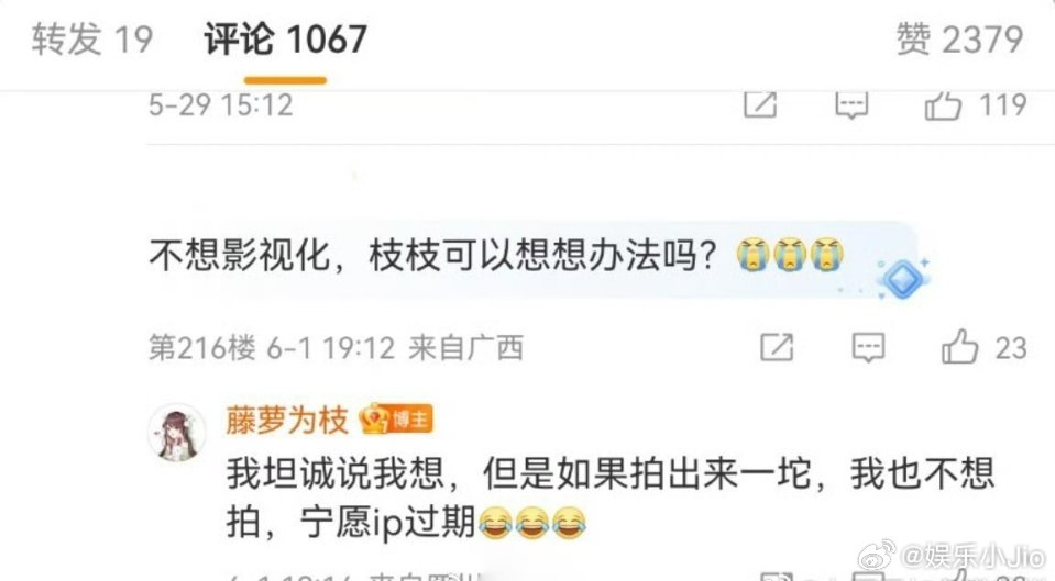 网友留言希望偏偏宠爱不要影视化，作者藤萝为枝回复：她想，但是如果拍出来一坨，她也