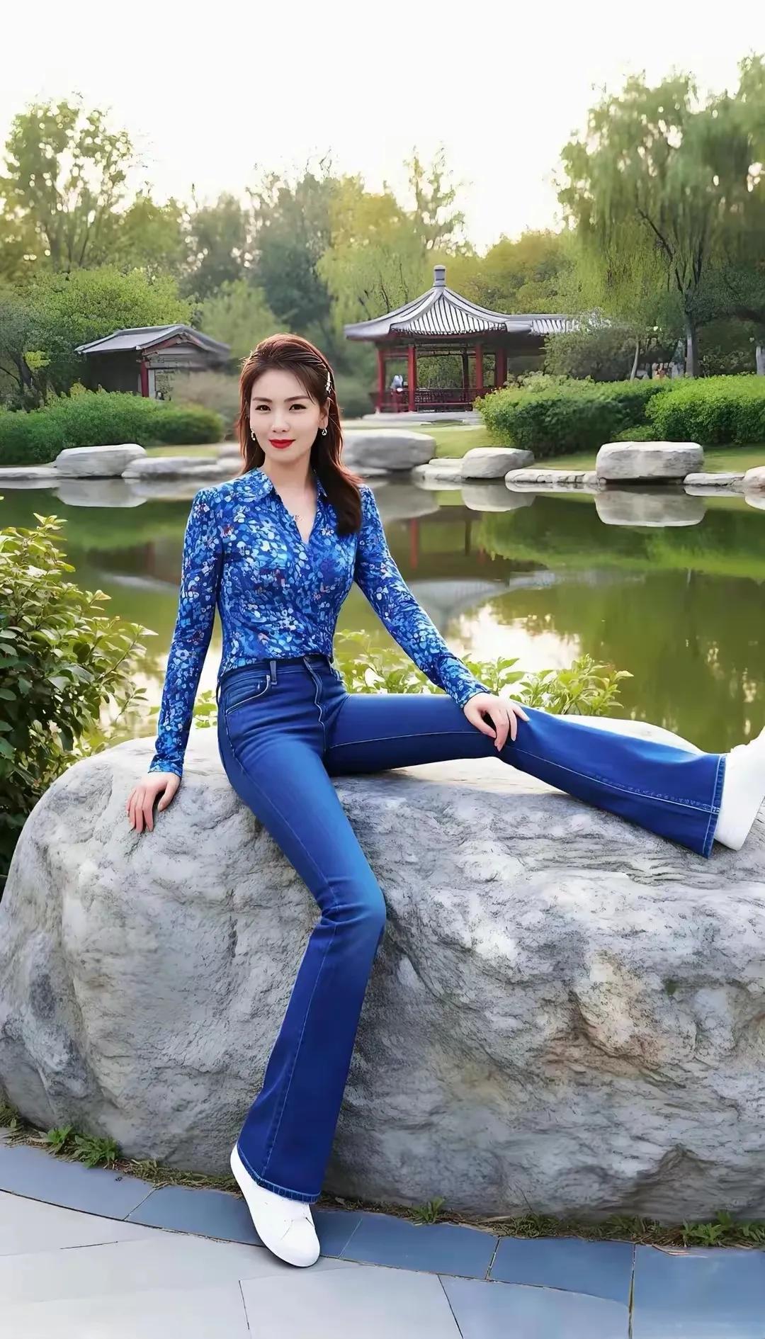 在园林景里偶遇刘涛啦！蓝色碎花衬衫配喇叭牛仔裤，利落又时髦，白鞋一搭，松弛感拉满