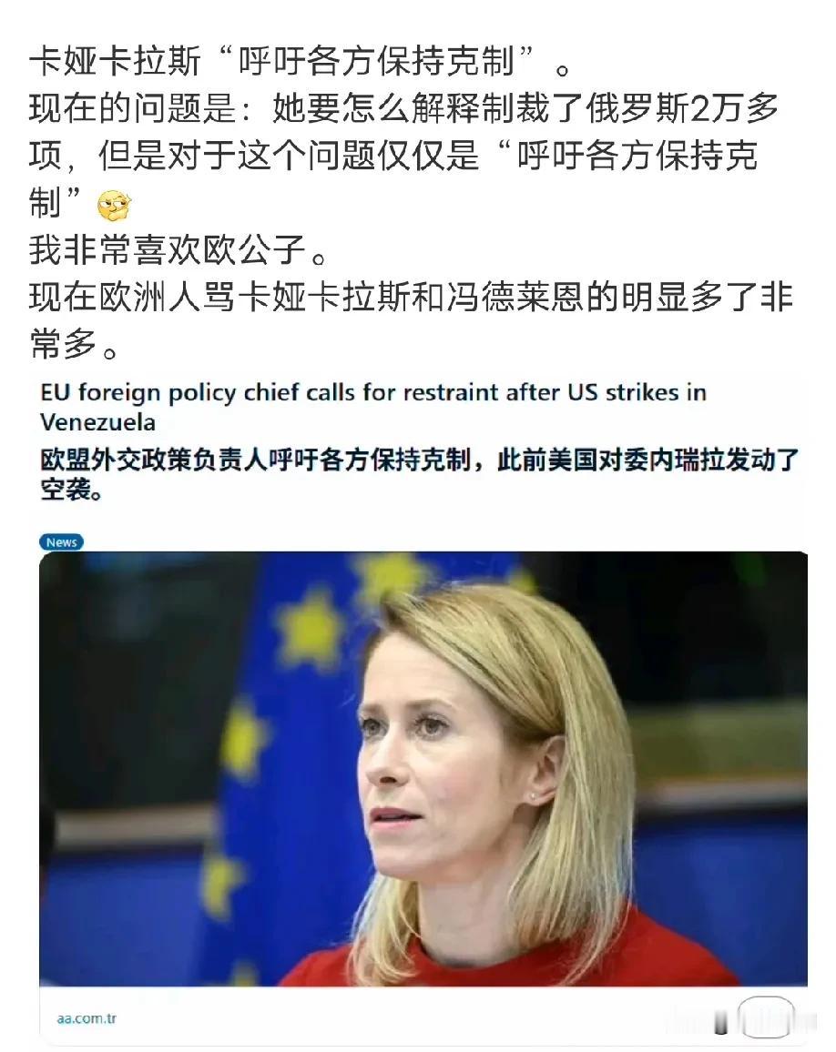 欧洲网友对川普抓马杜罗的反应是这样的，因为欧盟的卡拉斯呼吁各方保持克制，特别是丹