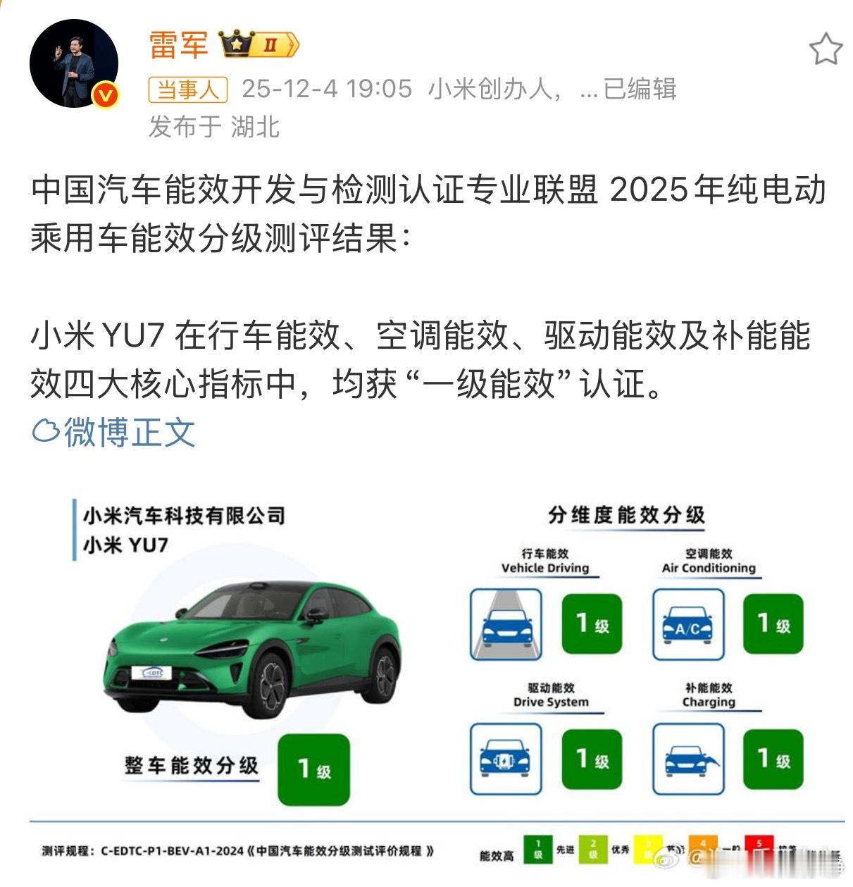 雷军回应小米YU7获一级能效认证中国汽车能效开发与检测认证专业联盟（C-EDTC