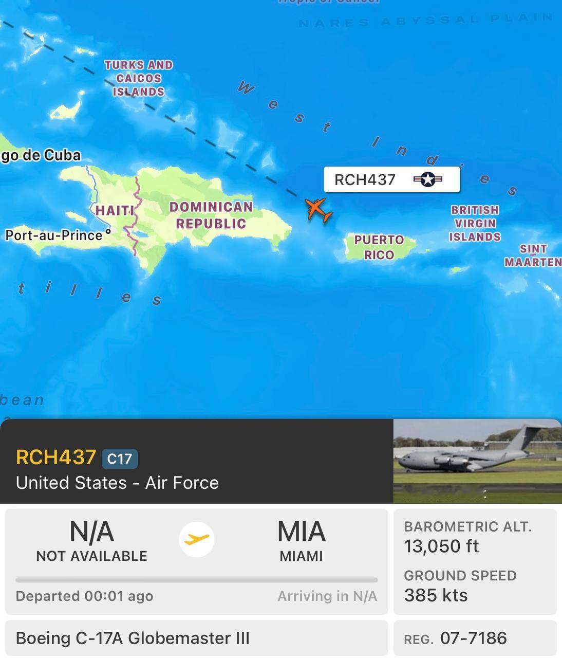 🔻F24数据显示：一架美国空军C-17“环球霸王III”运输机RCH437，执