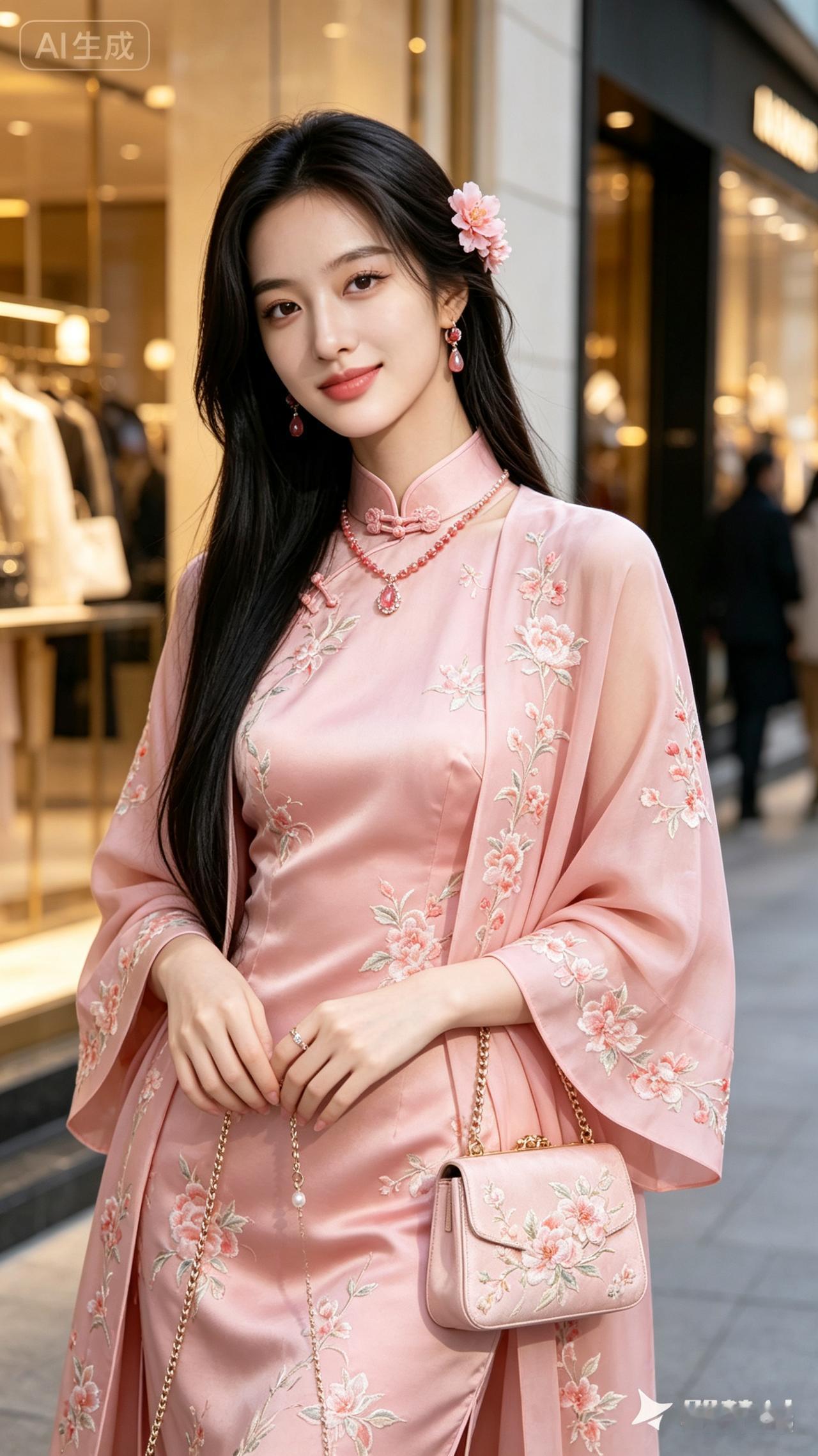 优雅粉色旗袍，尽显东方韵味！🌸💃