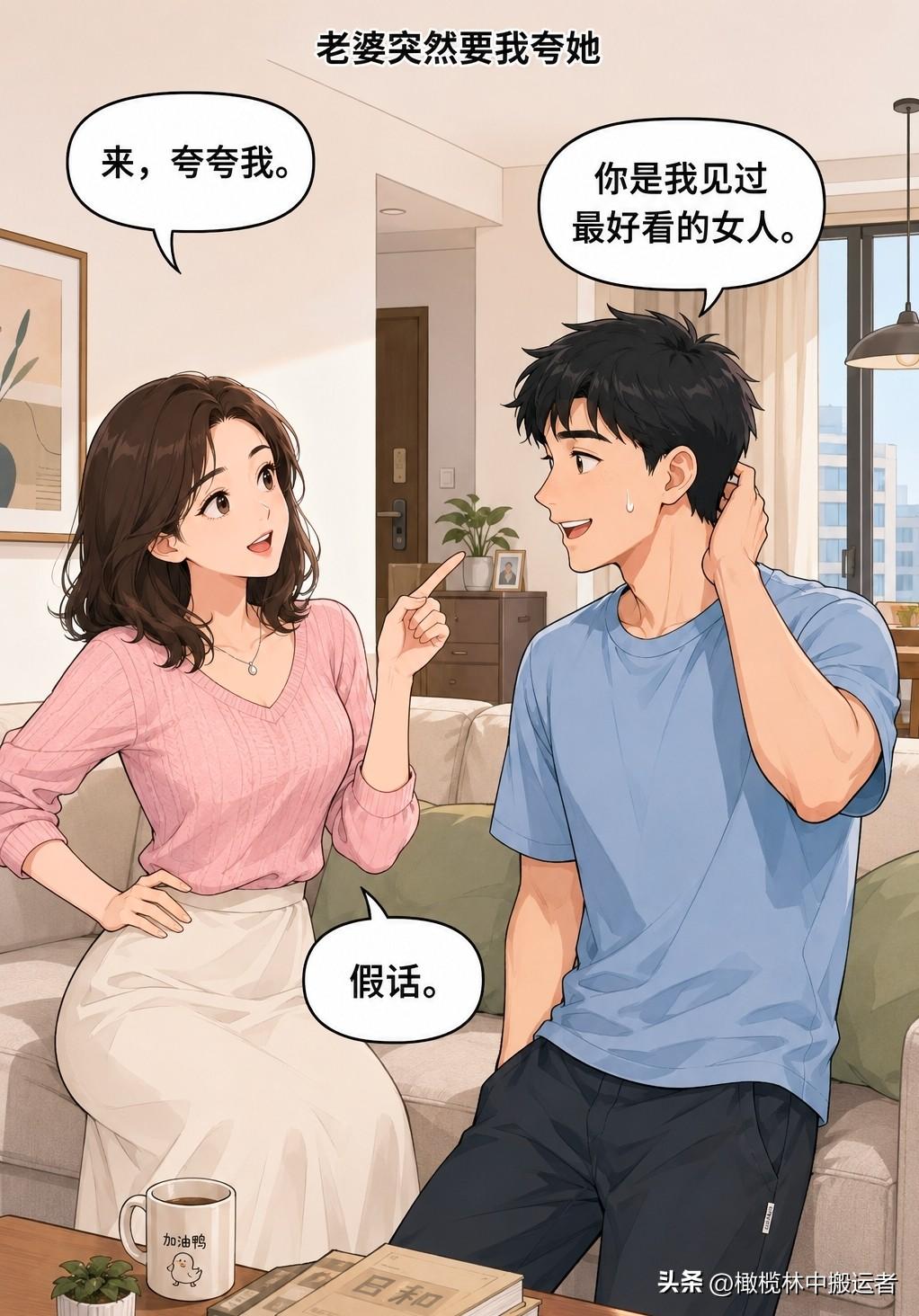 趣味漫画：老婆让我夸她。我说：“你是我见过最好看的女人。” 她说：“假话。” 我