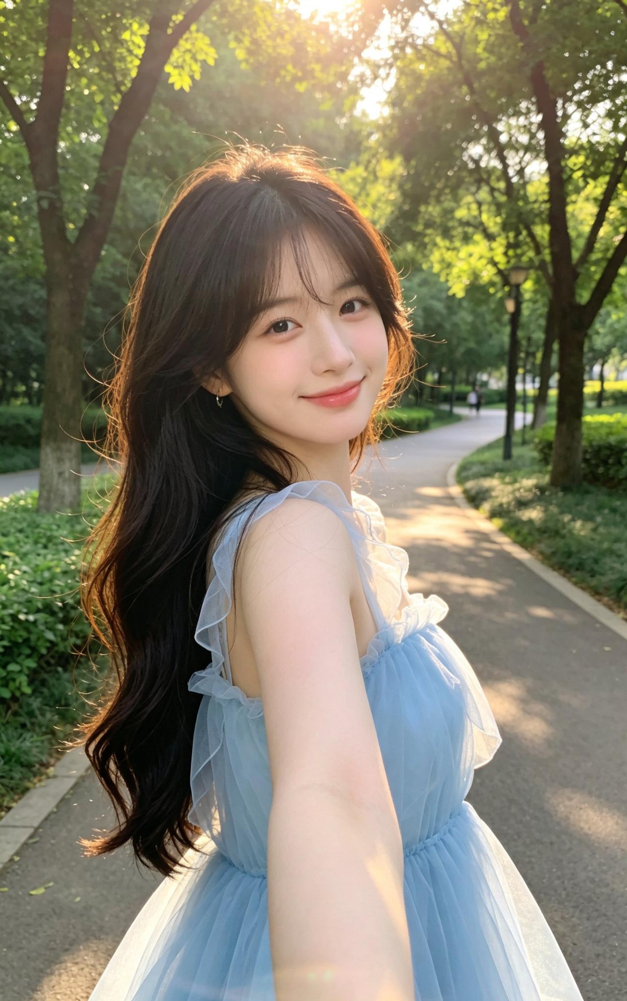 阳光下的少女，笑靥如花，漫步在绿意盎然的公园小径上。清新的连衣裙穿搭 户外少女感