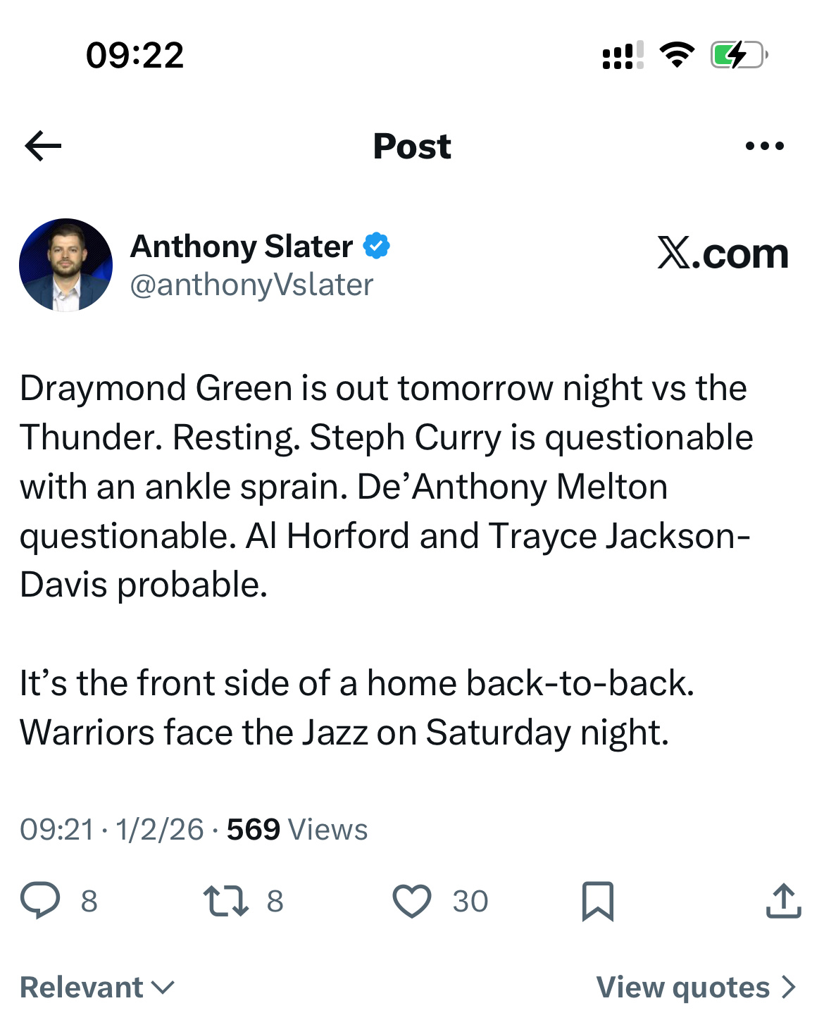 德雷蒙德·格林将缺席明晚对阵雷霆队的比赛（轮休）。斯蒂芬·库里因脚踝扭伤出战成疑