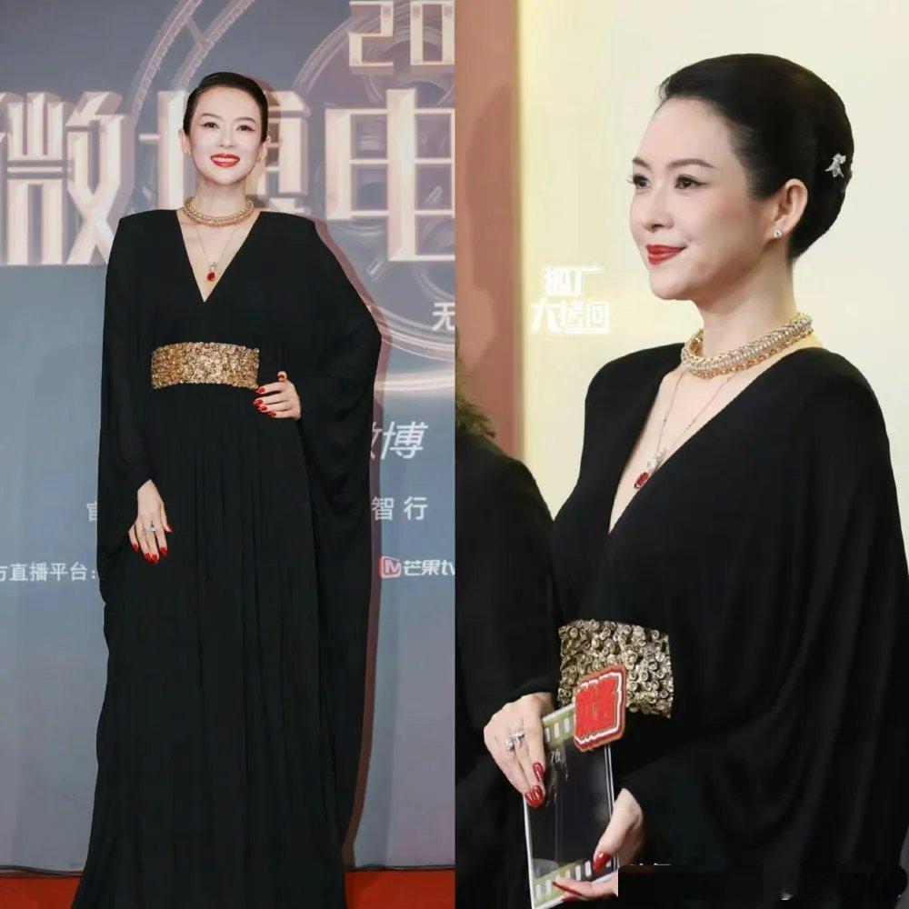 同样是一身黑裙，很明显宋佳气场更强、也格外高贵。章子怡的黑裙太简单了点，虽然很有