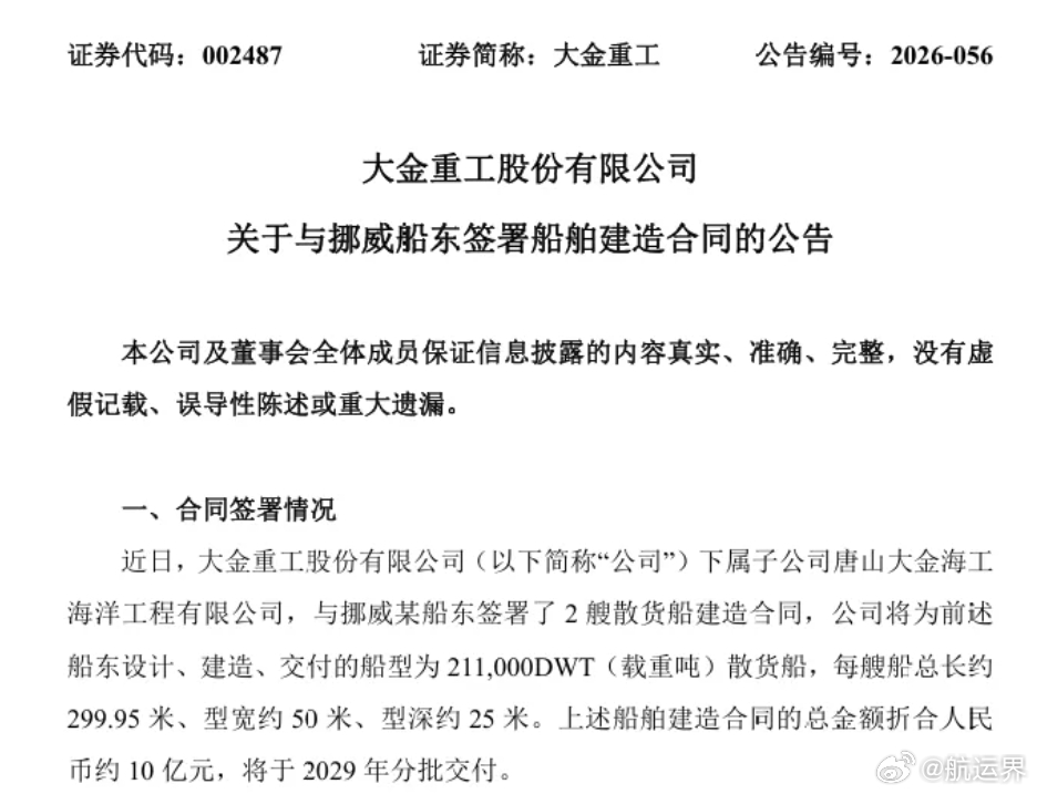 【入局造船赛道提速！大金重工全新子船厂再获挪威船东2艘散货船订单 】8月5日，风