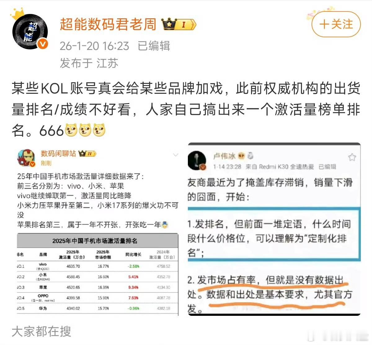 你看看，安静了吗？仍然有人在引战煽动对立…个人认为，出货量可以看，激活量也可以看