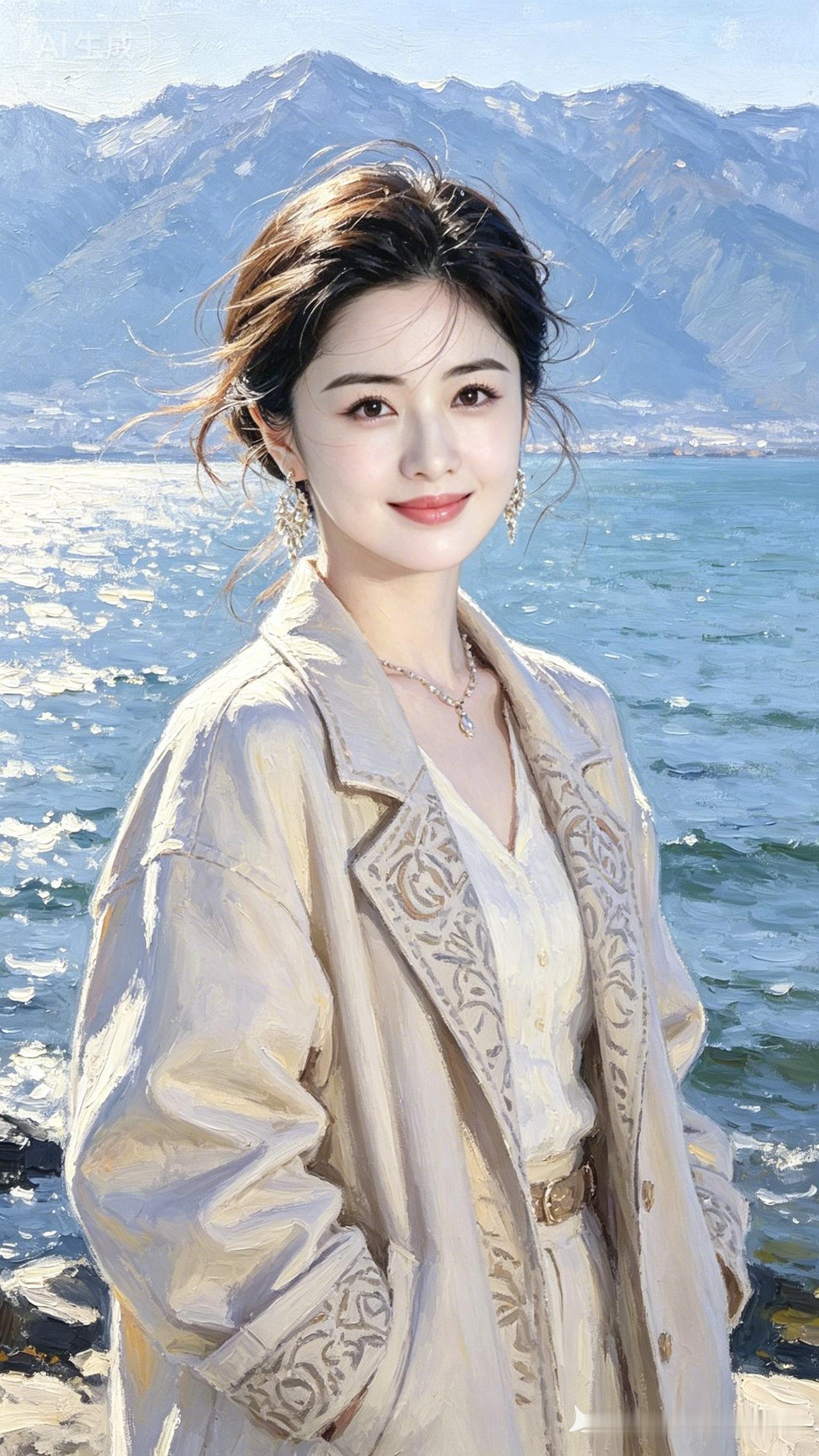 海边风很大，她笑得很甜。