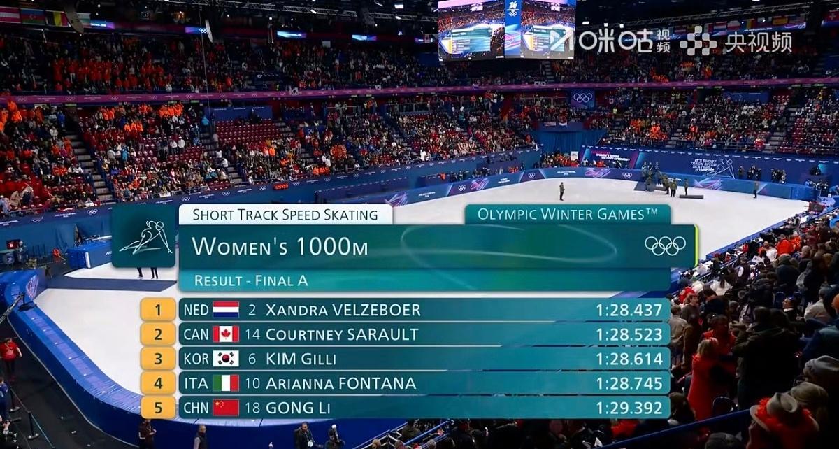 公俐1000米第五贝尔塞伯1000米金牌 米兰冬奥会短道速滑女子1000米A组决