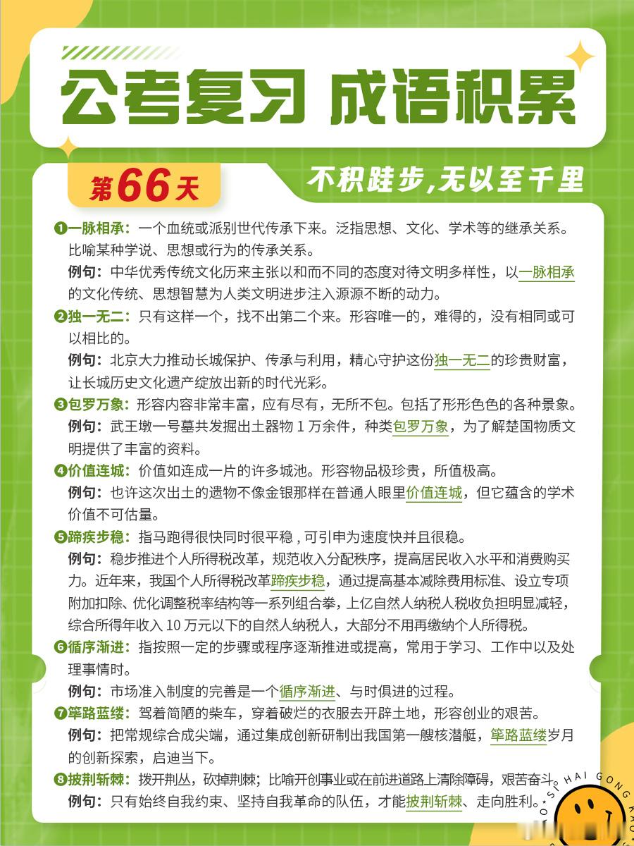 成语积累第六十六天一脉相承 独一无二 包罗万象 价值连城蹄疾步稳 循序渐进 筚路