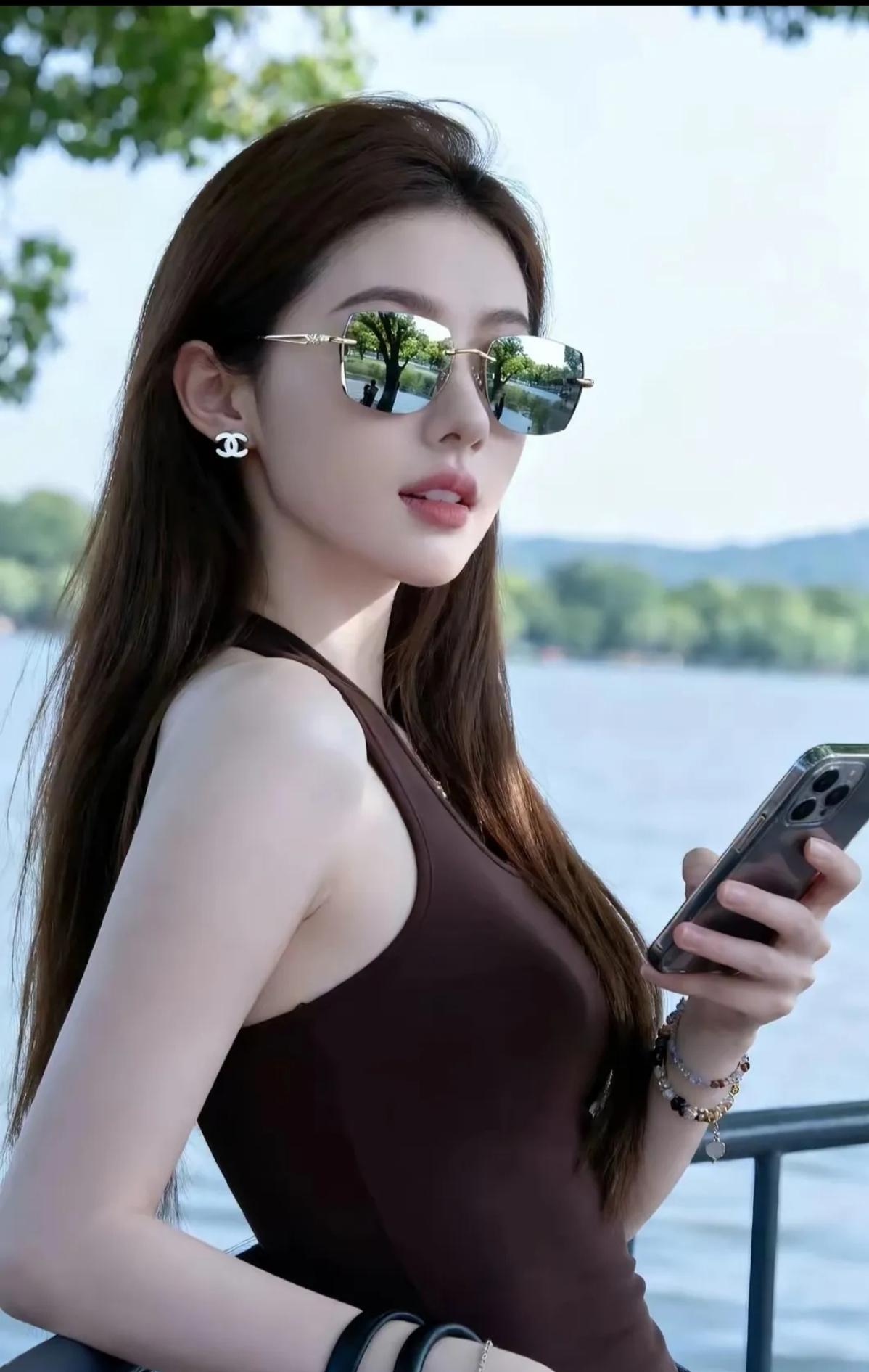 将湖光山色，收进今日镜头
立于湖边，风携草木清香拂过发梢，吹散所有疲惫。深棕吊带