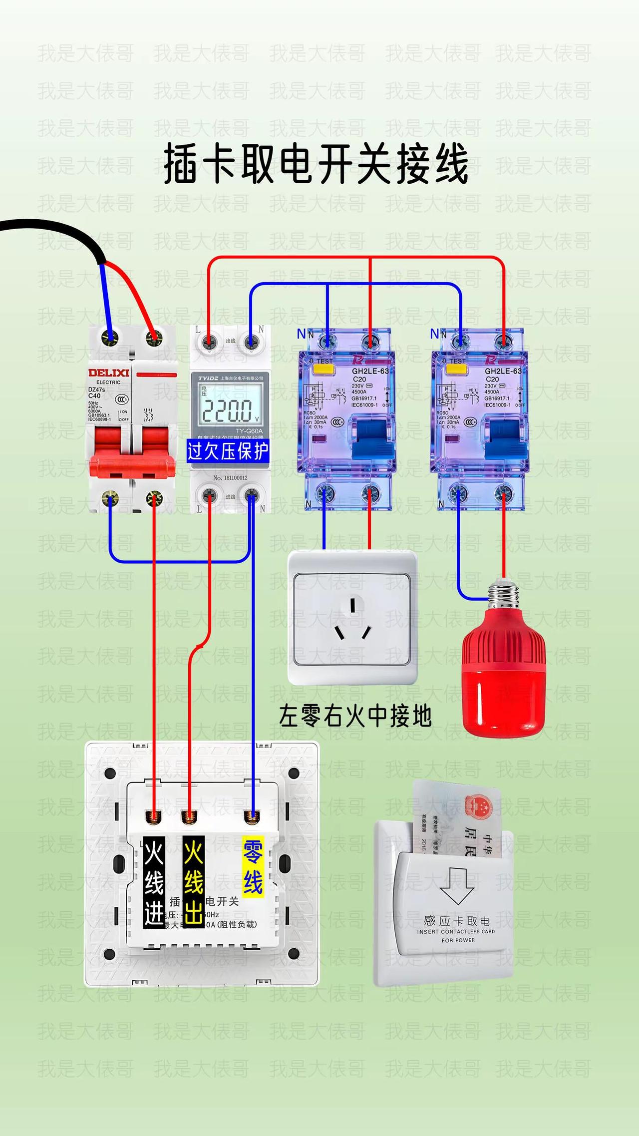 插卡取电开关实物接线参考图。插卡取电开关接线 电工知识科普 电路接线教程