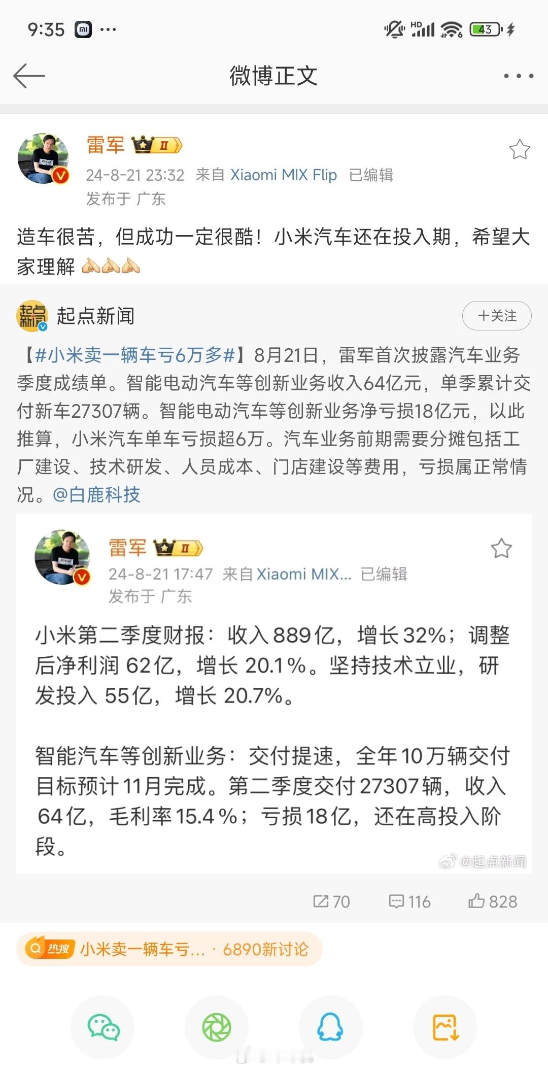 #小米卖一辆车亏6万多#卖一台才亏6万已经是个奇迹了，就小米汽车现在这么点的交付