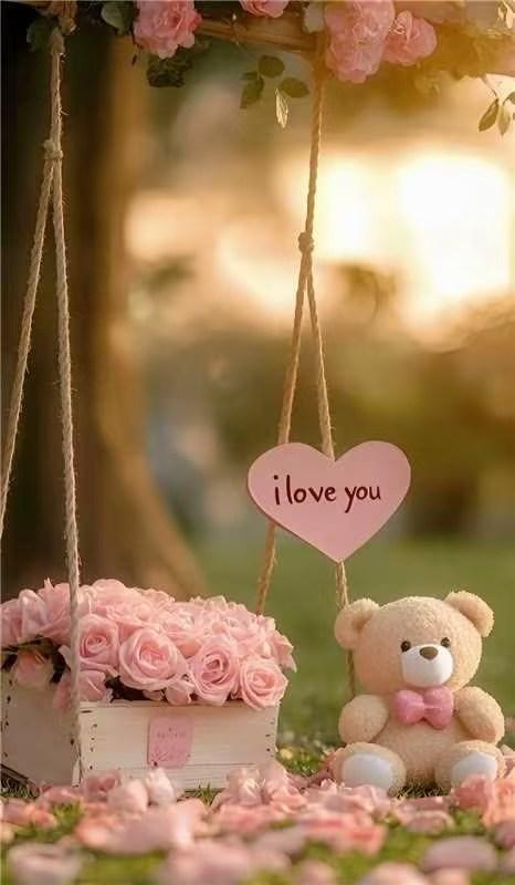 浪漫心语：“我爱你”，与泰迪熊和玫瑰一起，感受爱的甜蜜。🌹🧸❤️