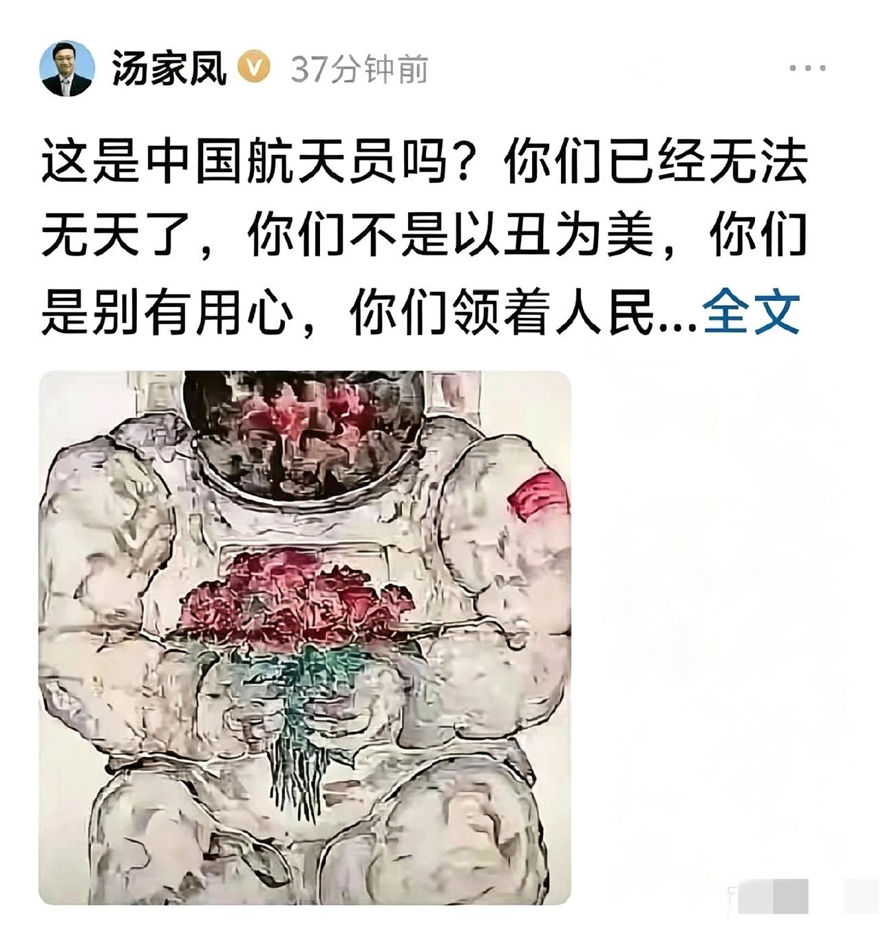 昨天下午，南京大学博士汤家凤发了一条头条，只有短短几行字：
"这是中国航天员吗？