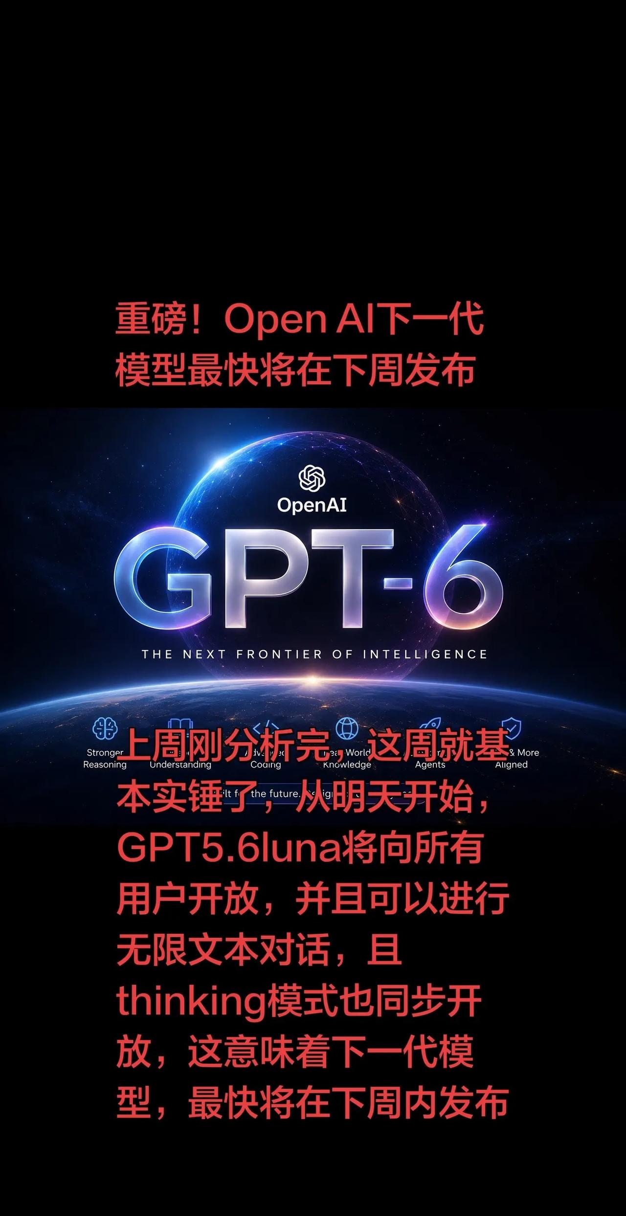 GPT6最快将于下周发布。GPT6是继4.5后规模最大的模型，是下一代人机协同，