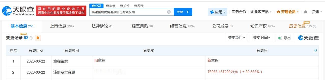 星网锐捷增资至7.6亿 增幅约30%

天眼查 App 显示，近日，星网锐捷（0