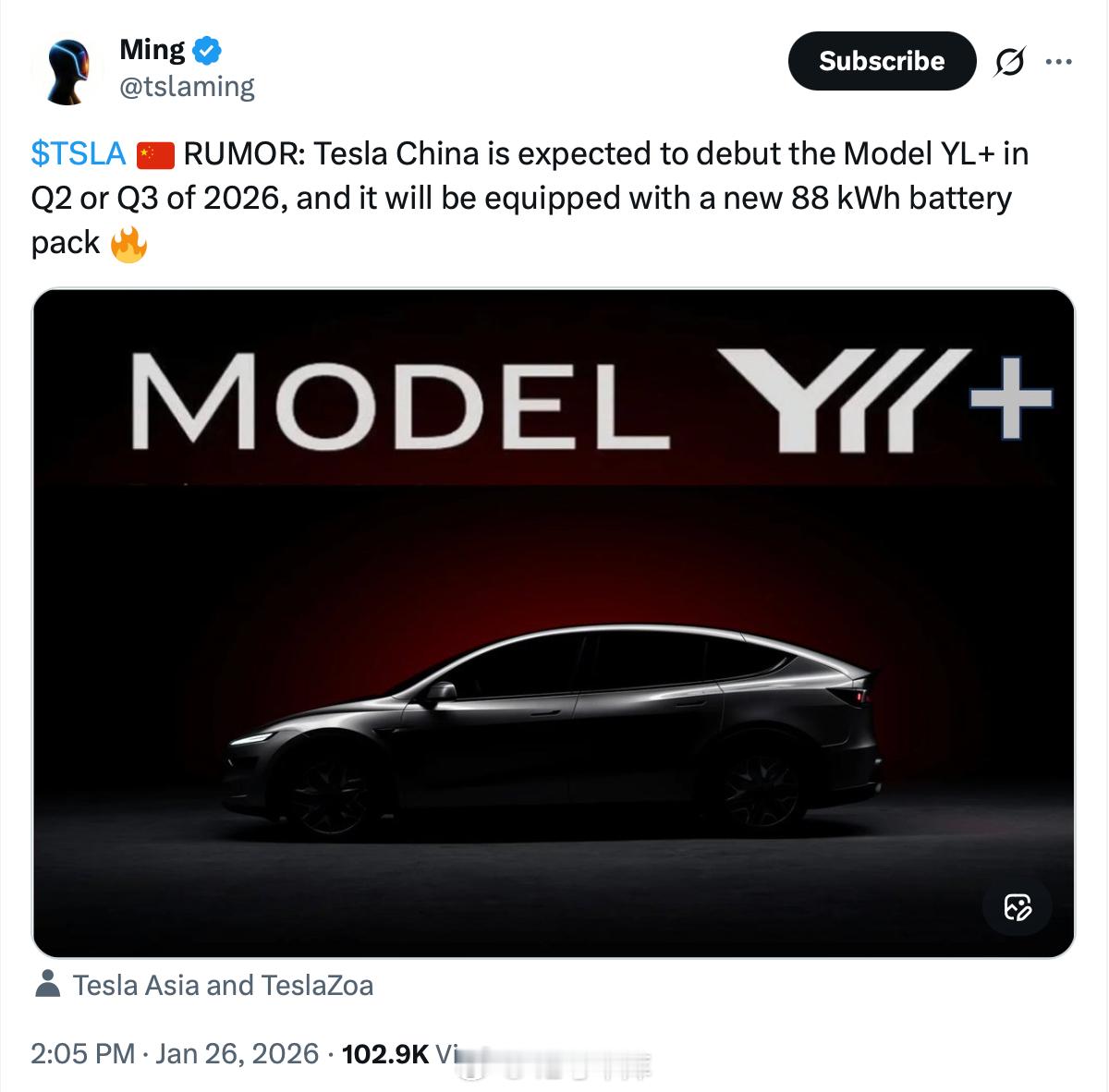 X 上的消息：爆料称特斯拉中国 2026 年中期有望发布 Model YL+，将