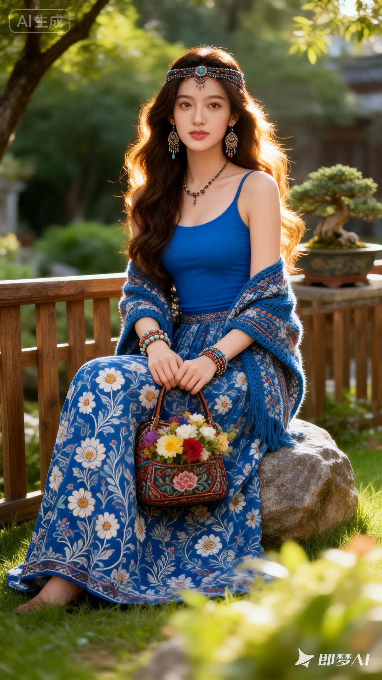 夏日风情，蓝裙飘逸，花海相伴，悠然自得。