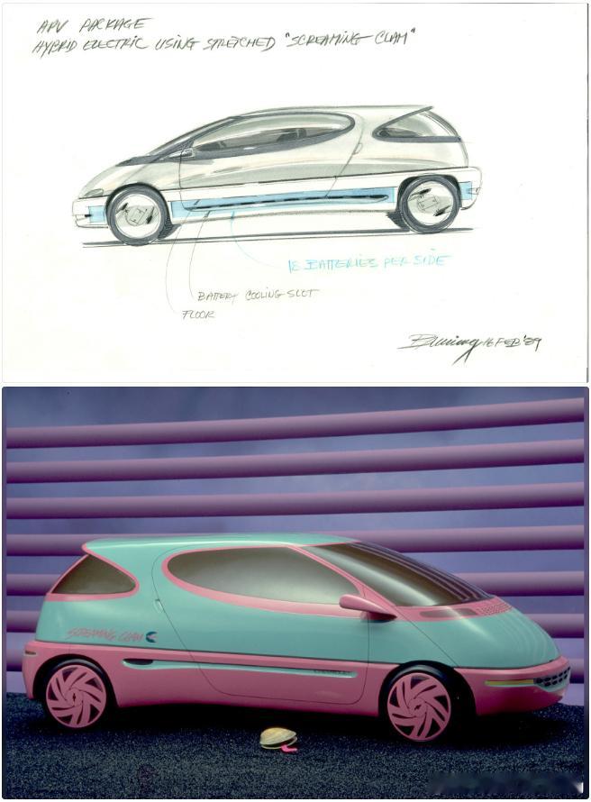 1990年，通用的设计部门为雪佛兰混动车型设计的一个提案手稿，它被描述类加勒比度
