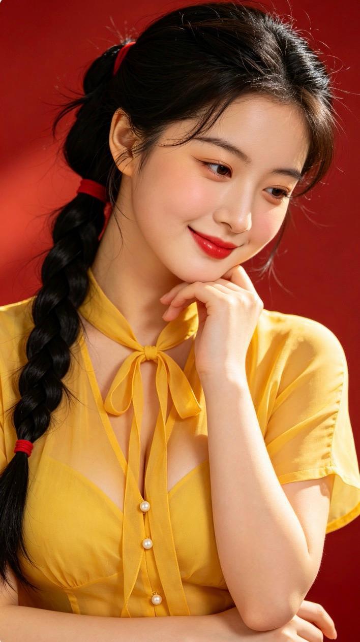 甜美少女风，黄色连衣裙，红唇微笑，优雅迷人