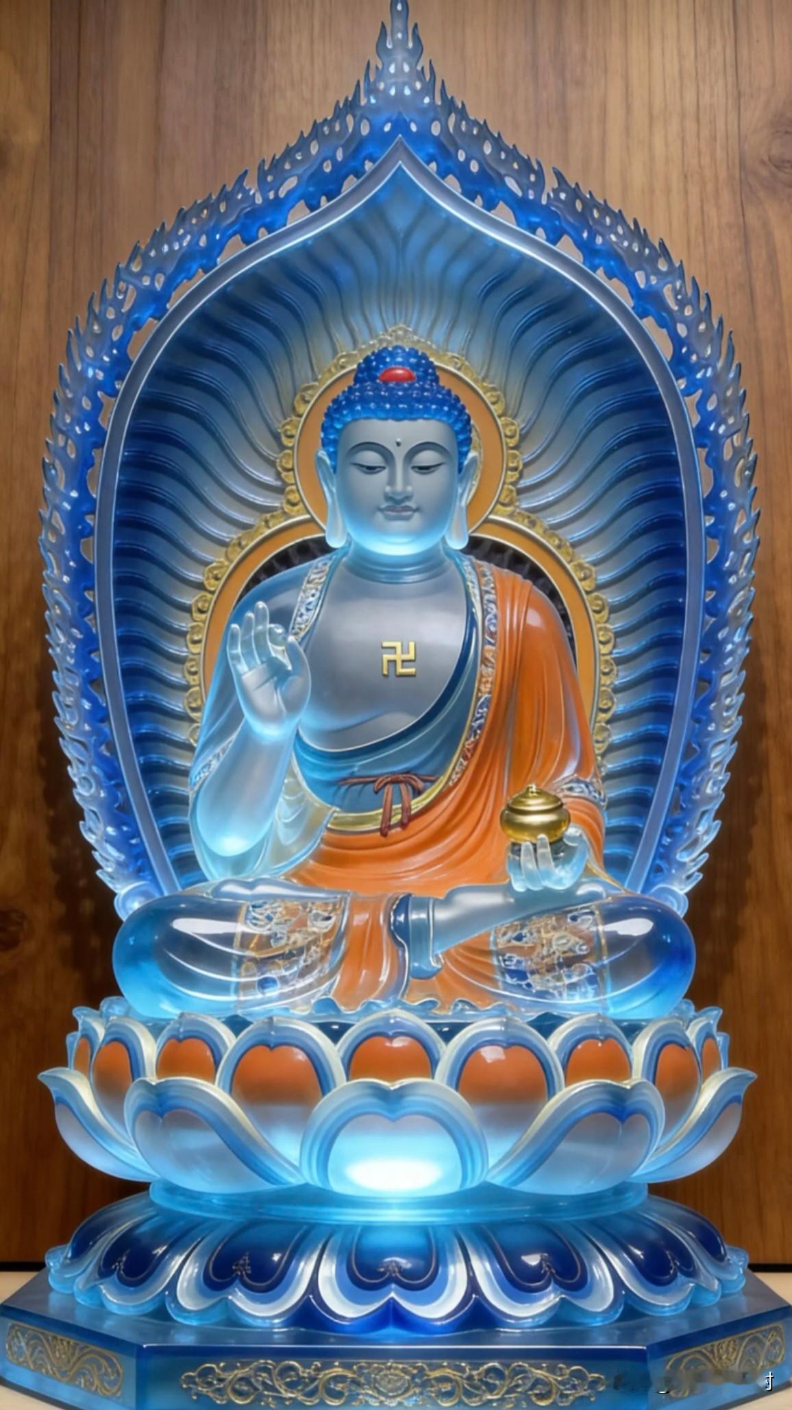 琉璃药师佛，护佑一世安康
 
清透冰蓝的古法琉璃，光影温润雅致，这尊药师琉璃光如