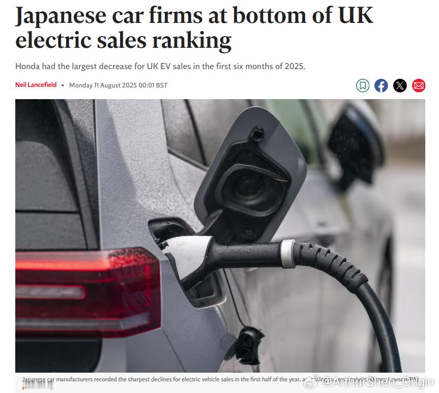 欧洲汽车市场 日本汽车厂商在英国电动车销售排名中垫底。根据最新分析，日本汽车制造