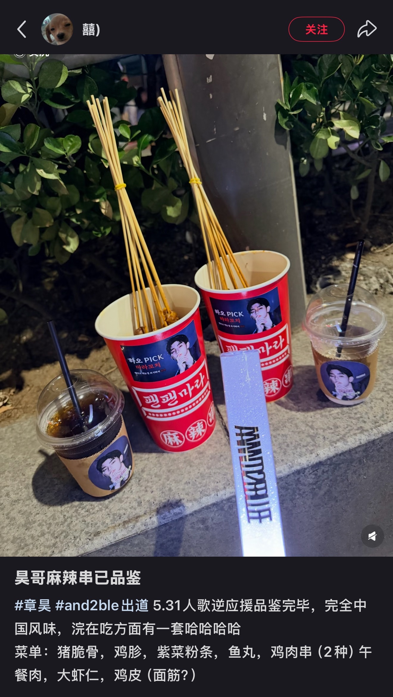 看起来香香的 章昊逆应援麻辣炸串菜单：猪脆骨，鸡胗，紫菜粉条，鱼丸，鸡肉串（2种