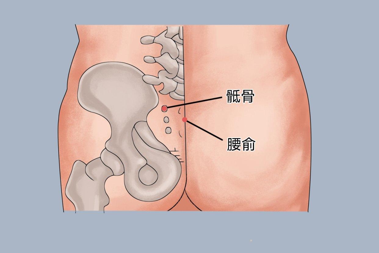 第21穴腰俞穴
 
在骶区，后正中线上，正对骶管裂孔（俯卧位，两骶角连线中点凹陷