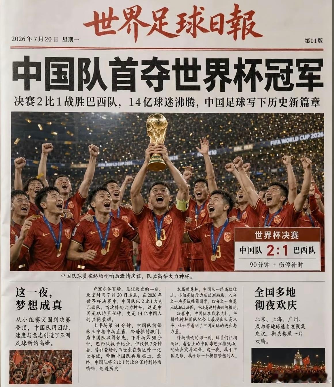 一张来自未来的报纸，7月20日，中国队首夺世界杯冠军。
