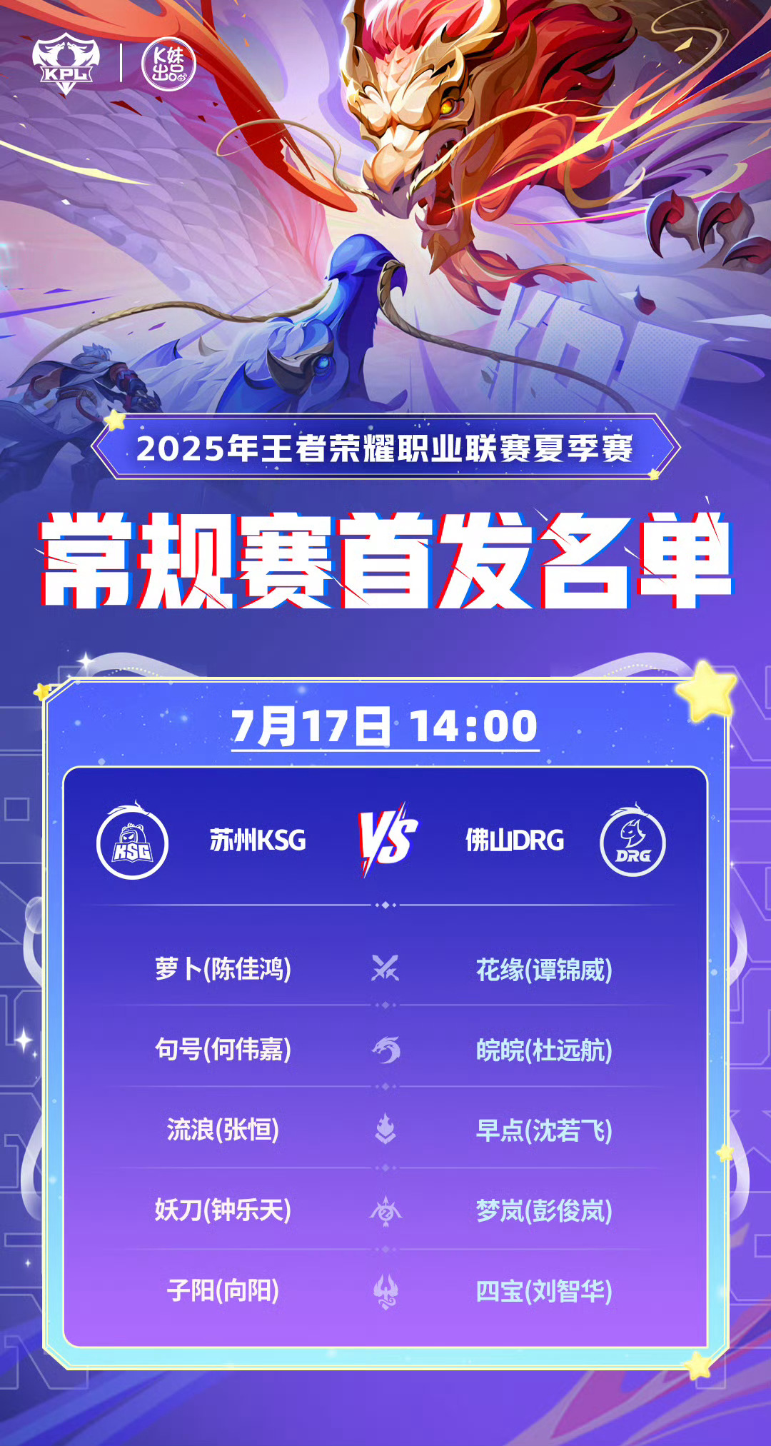 2025KPL夏季赛今日首发名单 ​​​