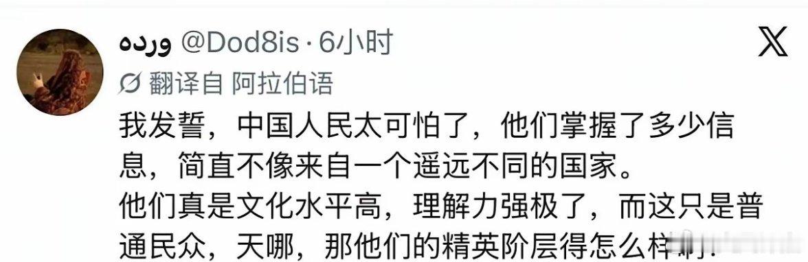 来自一个阿拉伯网友的感慨：“我发誓，中国人民太可怕了，他们掌握了多少信息，简直不