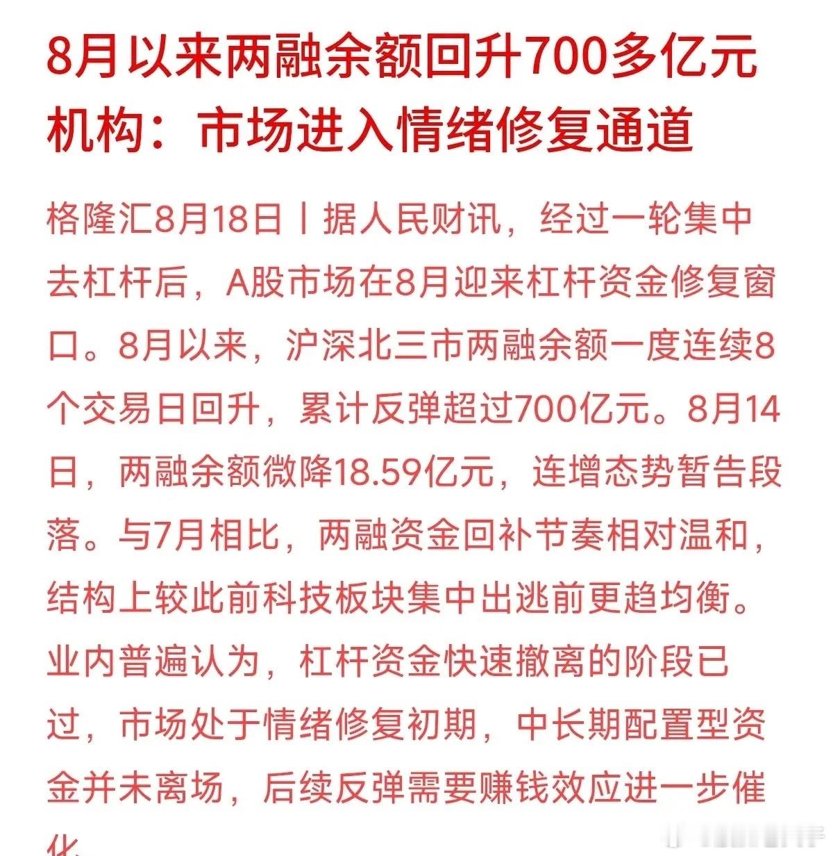 进入8月，敏感的“杠杆资金”开始悄悄回流了。最新数据显示，8月以来两融余额一度连