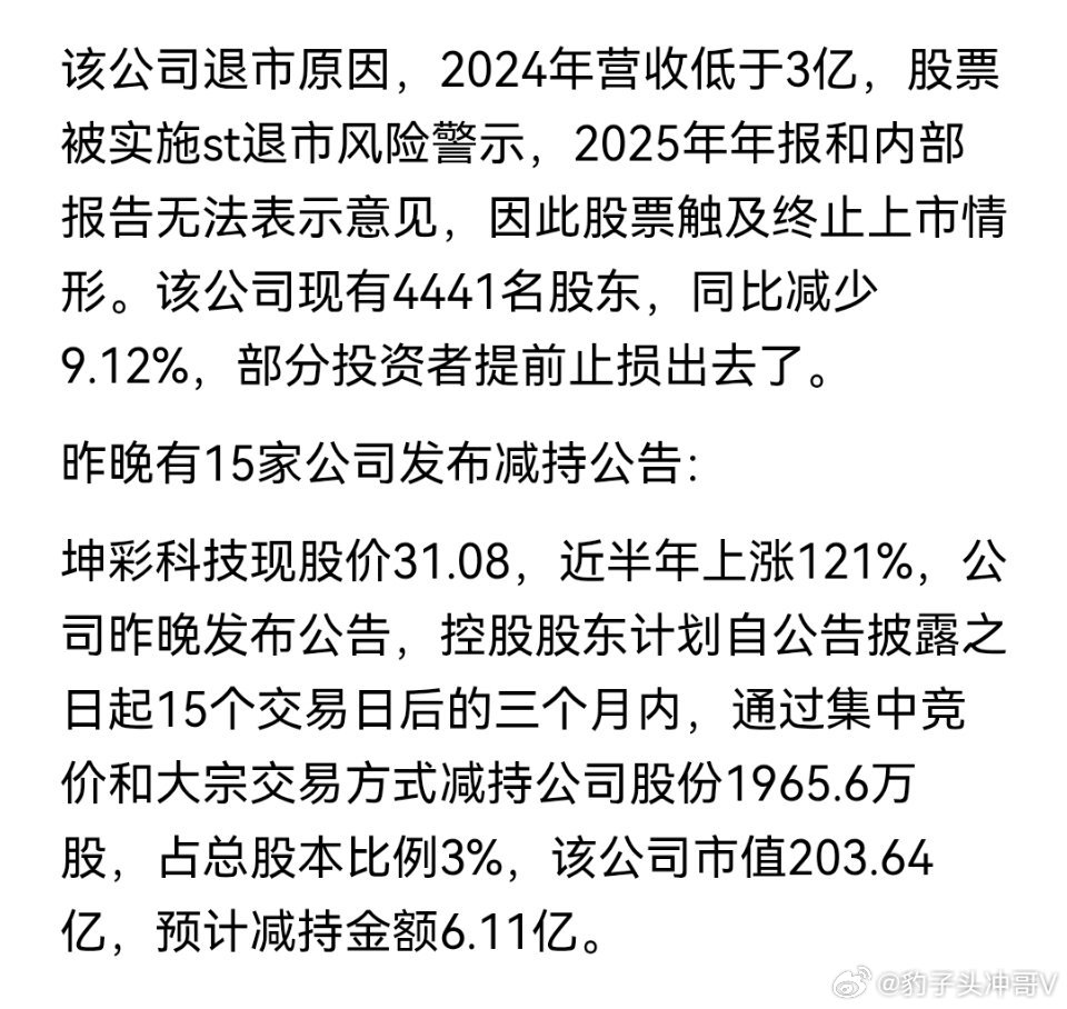 雷来了，17股利空，昨晚1股被st，1股终止上市，15股发减持公告！ 