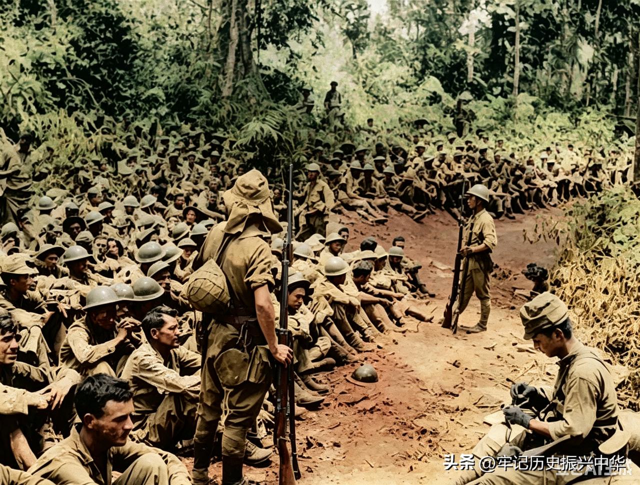 巴丹半岛投降的美菲联军战俘
照片上黑鸦鸦的人群是1942年4月9日，在菲律宾吕宋