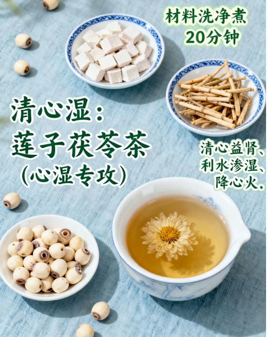五杯祛湿茶，清走五脏湿气！

一、清心湿：莲子茯苓茶（心湿专攻）
配方：去芯莲子