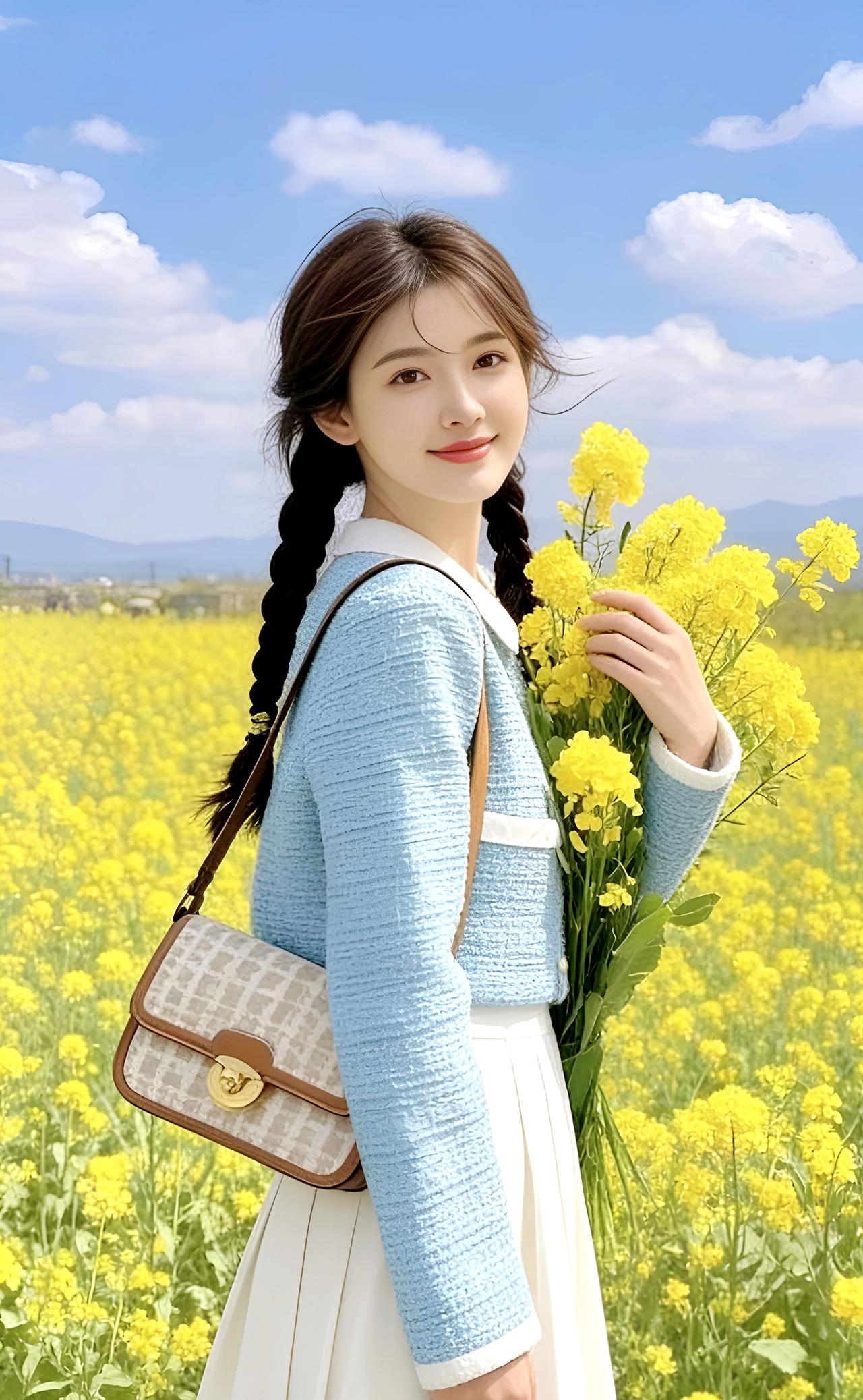 油菜花田春日信 
麻花垂落鬓边香， 
黄蝶栖枝趁晓光。
一捧金英携暖意，
 春风