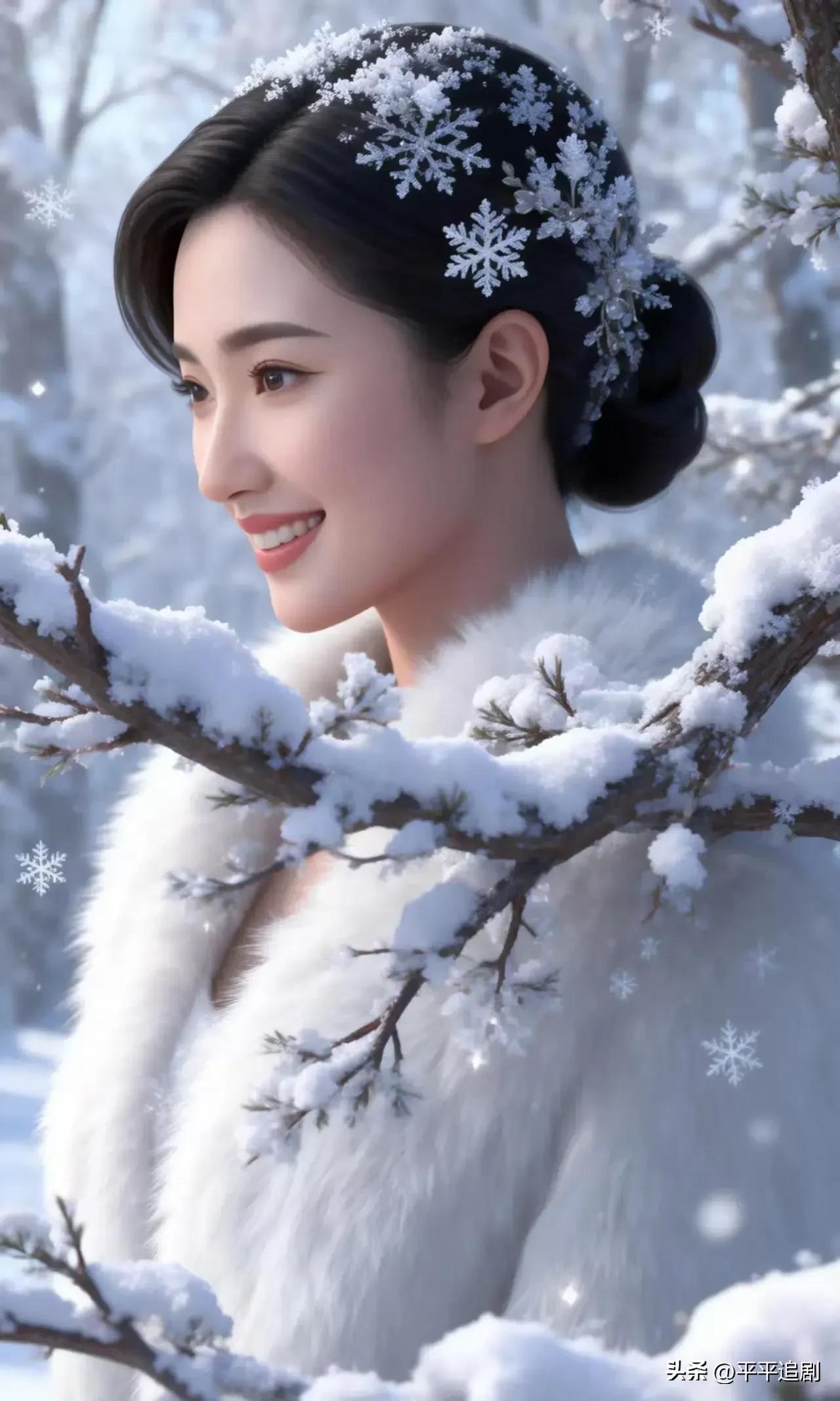 雪落枝头，霜染鬓间，
一袭白裘，藏尽冬日温柔。
眉眼弯弯，笑里盛着雪色清欢，
这