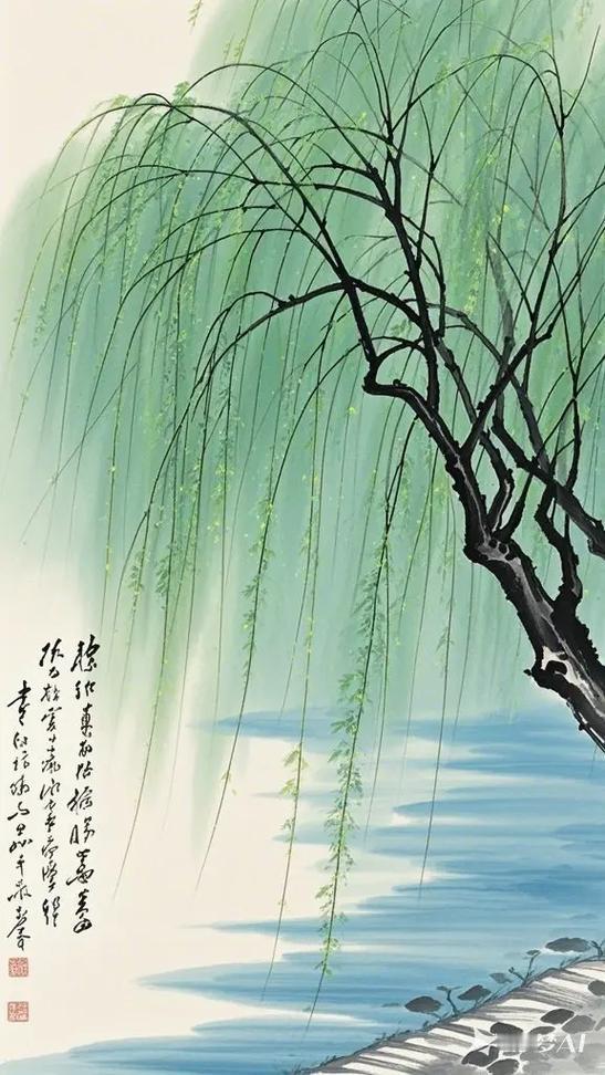 上联：一帘柳风蕴诗意，
下联：千树犁雪落清词，
下联：满堤方草惹春情。