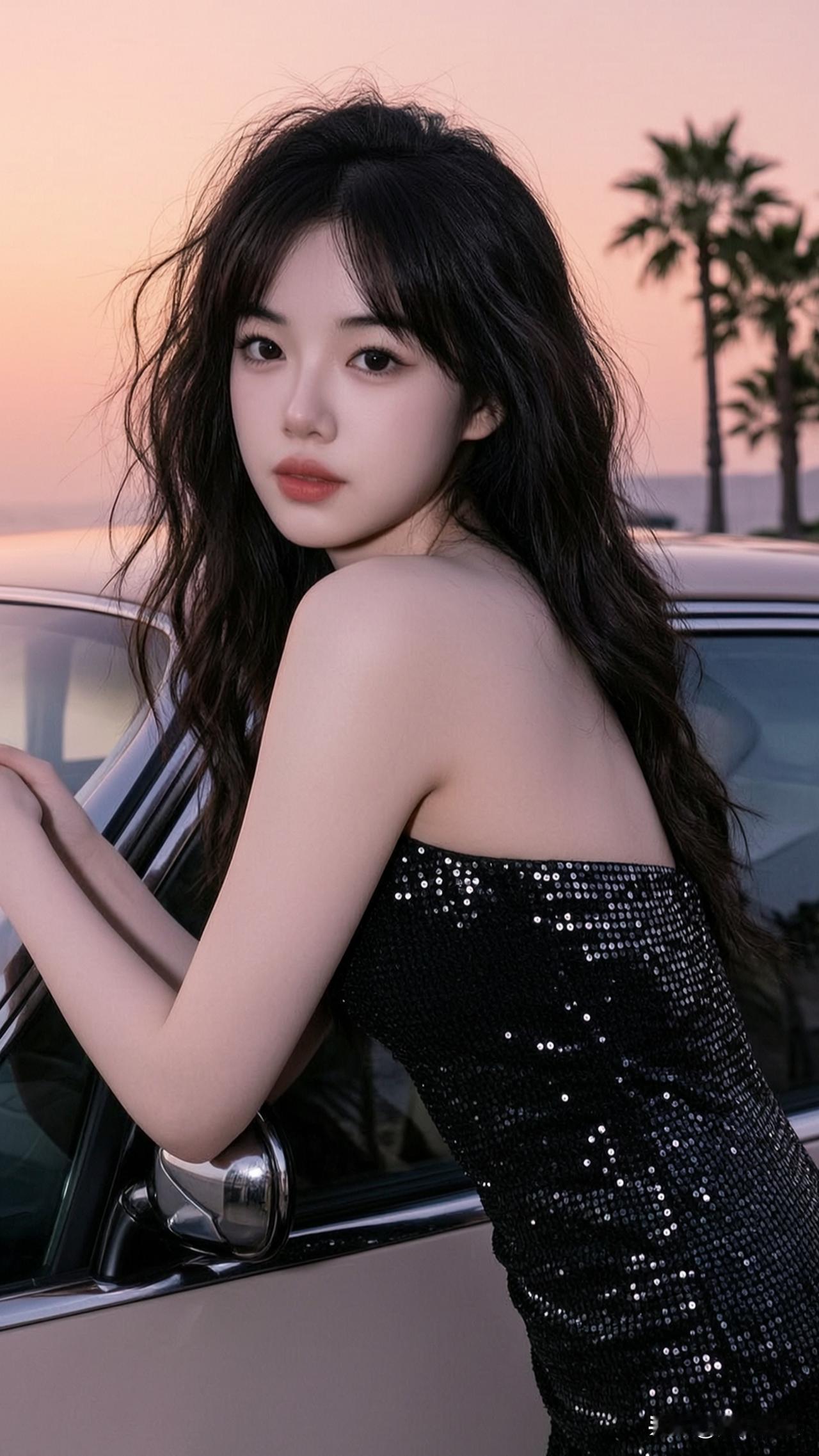一个女孩靠在车边，夕阳下好美。